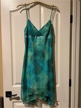 Silky Teal Floral Slip Dress with Spaghetti Straps